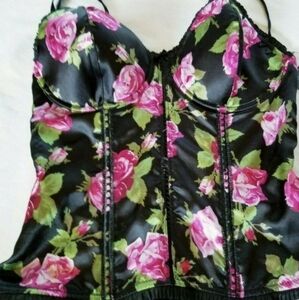 Pink Bustier Floral Corset Sheer Black Back Eye & Hook Top & Bottom Size 36B